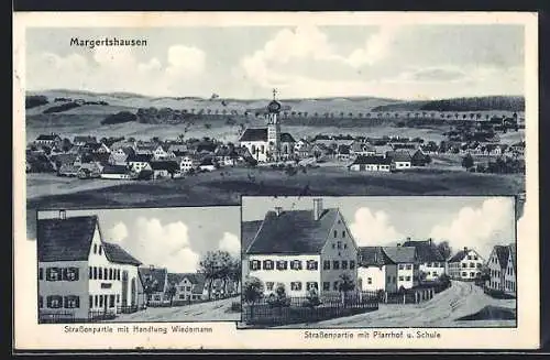 Lithographie Margertshausen, Handlung Wiedermann, Strassenpartie mit Pfarrhof u. Schule