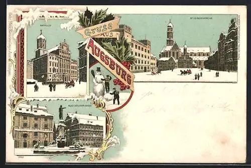 Winter-Lithographie Augsburg, Rathaus, Augustusbrunnen, St. Ulrichskirche, Schneemann