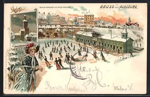 Winter-Lithographie Augsburg, Schleifgraben mit Vereinshaus, Schlittschuhbahn