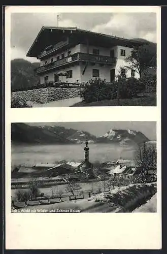 AK Entfelden / Oby., Pension Hirtl, Ortsansicht von Reit i. Winkl im Winter mit Wilden und Zahmen Kaiser