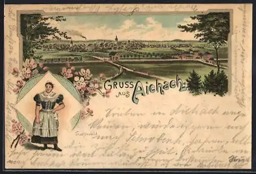 Lithographie Aichach, Ortspanorama und Trachtenbild