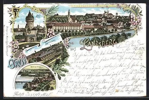 Lithographie Landsberg a. L., Mutterturm, Exercierhaus, Totalansicht, Karolinenbrücke