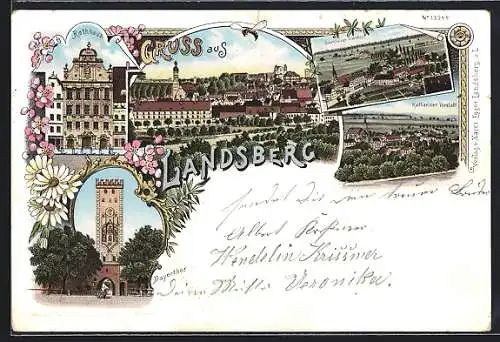 Lithographie Landsberg / Lech, Rathaus, Strasse am Bayerthor, Sandauer- und Katharinen-Vorstadt