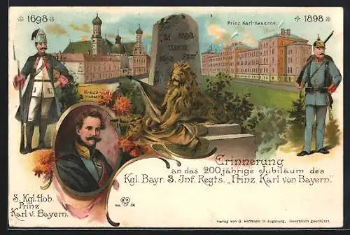 Lithographie Augsburg, 200jähriges Jubiläum Königlich Bayerisches 3. Infanterie-Regiment Prinz Karl von Bayern, 1898