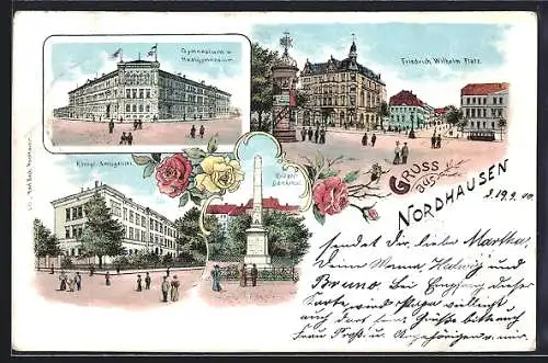 Lithographie Nordhausen, Gymnasium und Realgymnasium, Friedrich Wilhelm-Platz und Amtsgericht