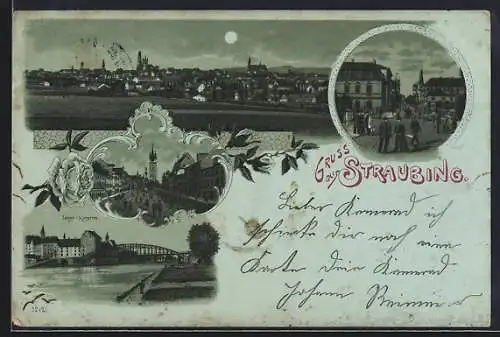 Mondschein-Lithographie Straubing, Jäger-Kaserne, Strassenpartie und Totalansicht