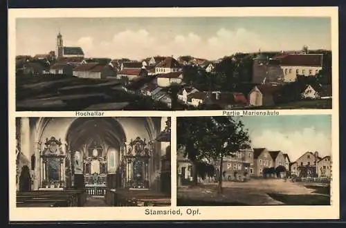 AK Stamsried, Hochaltar, Partie Mariensäule, Ortsansicht