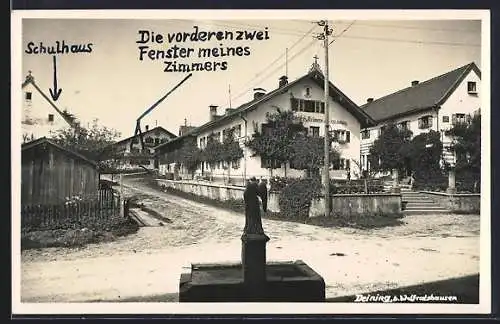 AK Deining b. Wolfratshausen, Schulhaus, Gasthaus und Brauerei