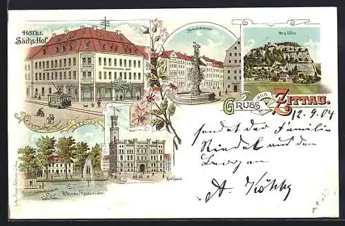 Lithographie Zittau, Hotel Sächs. Hof, Weinau-Restaurant, Herkulesbrunnen, Rathaus, Berg Oybin