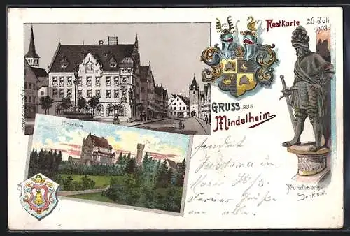 Lithographie Mindelheim, Enthüllung des Frundsberg-Denkmals 1903, Mindelburg und Wappen