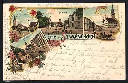 Lithographie Schwabmünchen, Kriegerdenkmal, Marktplatz, Strassenansicht