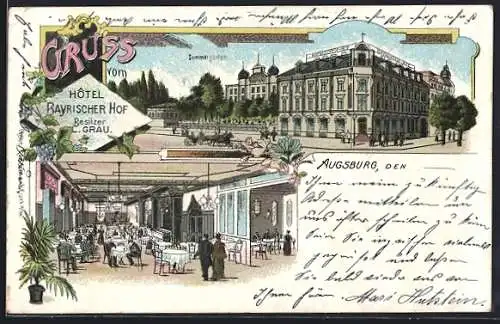 Lithographie Augsburg, Hotel Bayrischer Hof, Bes. L. Grau, Partie am Sommergarten