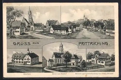 Künstler-AK Prittriching, Gasthaus zur alten Post, Schulhaus, Kirche und Pfarrhof