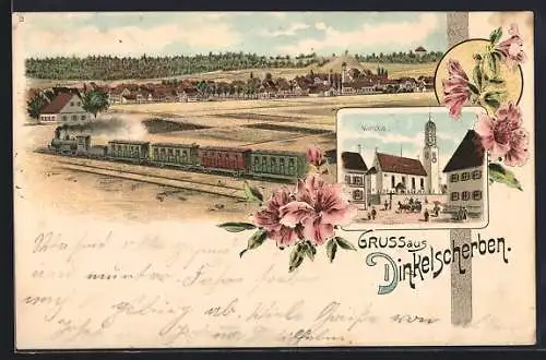 Lithographie Dinkelscherben, Kirche, Eisenbahn mit Ortspanorama