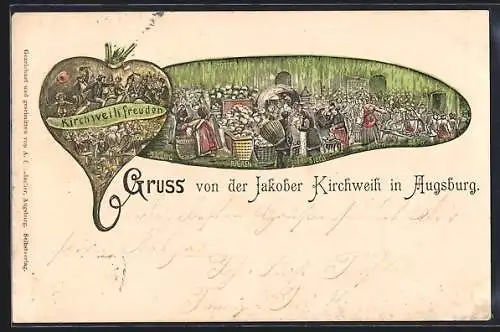 Lithographie Augsburg, Volksfest Jakober Kirchweih, Passepartout mit Rübe