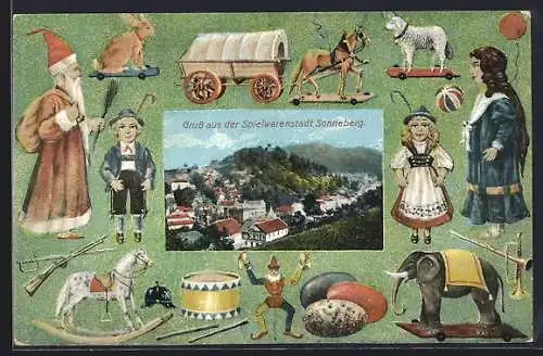 Künstler-AK Sonneberg /Thür., Puppen, Spielzeug, Weihnachtsmann & Totalansicht
