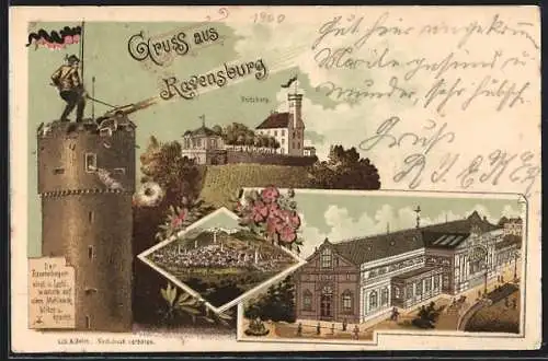 Lithographie Ravensburg, Veitsburg und Ortspanorama