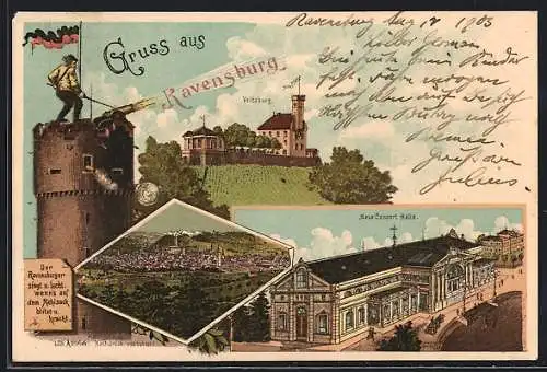 Lithographie Ravensburg, Veitsburg, Neue Concert-Halle, Ortspanorama