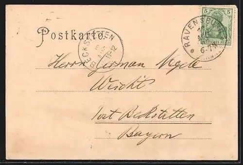 Lithographie Ravensburg, Veitsburg, Neue Concert-Halle, Ortspanorama