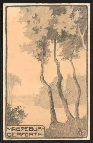 Künstler-AK Handgemalt: Magdeburgerforth, Landschaft mit Bäumen
