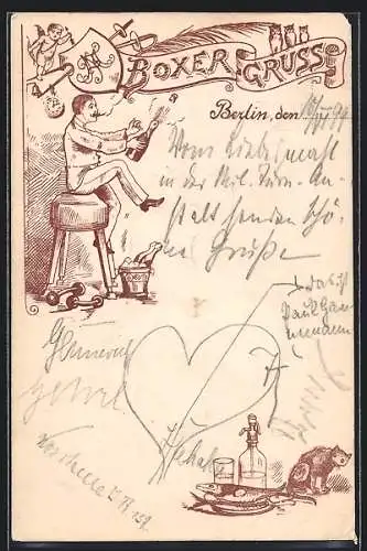 Lithographie Berlin, Boxer öffnet eine Flasche Sekt