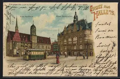 Lithographie Halle /Saale, Gasthof Neuer Rathskeller und Altes Rathaus mit Strassenbahn, Halt gegen das Licht