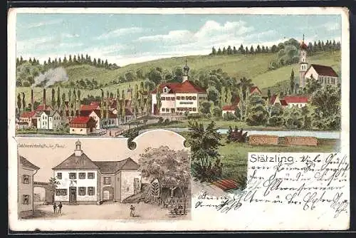 Lithographie Stätzling, Schlosswirtschaft v. Jos. Paul, Ortsansicht