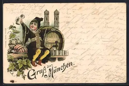 Vorläufer-Lithographie München, 1895, Münchner Kindl mit Bier und Wurst, Frauenkirche