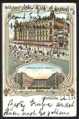 Lithographie Ostende, Splendid Hotel, Jardin