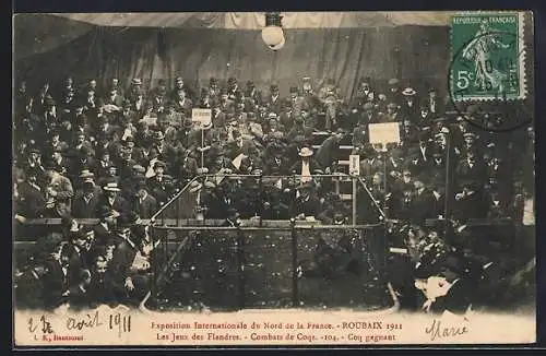 AK Roubaix, Exposition Internationale du Nord de la France 1911, Combats de Coqs, Hahnenkampf, Tierschutz