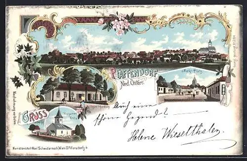 Lithographie Pernersdorf /N.-Oe., Pfaffendorf, Ortsansicht, Jg. Fegerls Handlung, Markt-Platz, Peygarten-Kirche