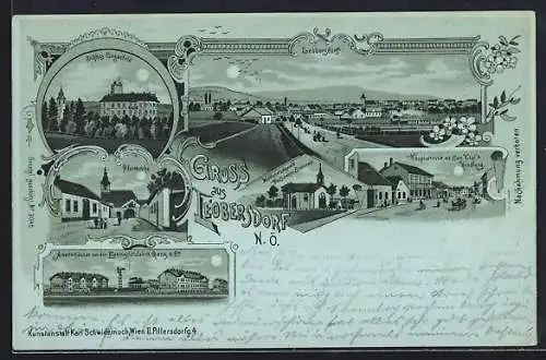 Lithographie Leobersdorf /N. Ö., Hauptstrasse mit Carl Vital`s Handlung, Elektrizitätsfabrik Ganz & Co.