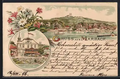 Lithographie Marbach a. Donau, Hotel zum schwarzen Adler von Carl Schauer und Panorama