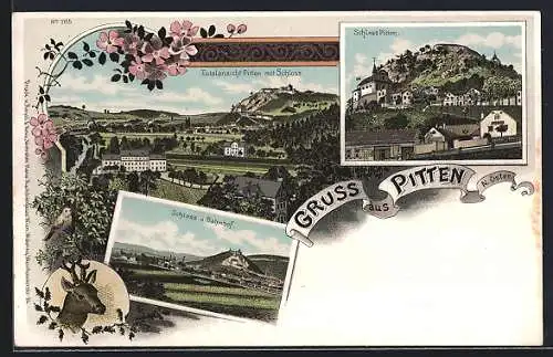 Lithographie Pitten /N. Öster., Schloss Pitten, Schloss und Bahnhof, Gesamtansicht