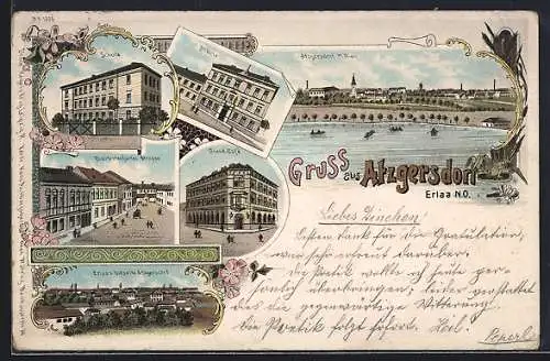 Lithographie Wien-Atzgersdorf, Grand-Cafe, Breitenfurter Strasse, Schule