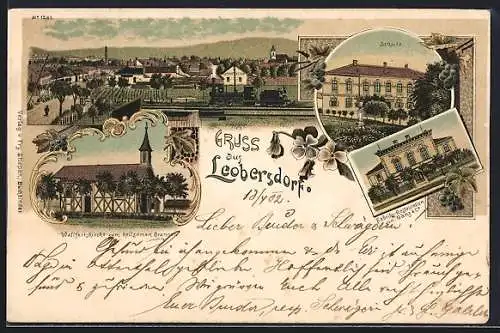 Lithographie Leobersdorf, Fabriks-Restaurant von Ganz & Co., Schule, Wallfahrtskirche