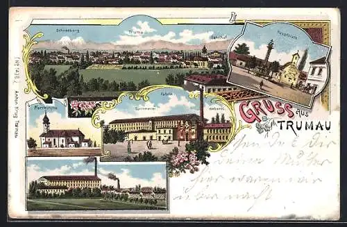Lithographie Trumau, Fabrik, Spinnerei und Weberei, Hauptplatz und Pfarrkirche