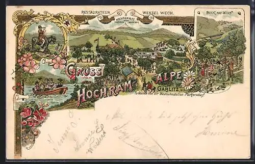 Lithographie Gablitz /N. Oest., Restaurant Hochram-Alpe, Inh. Wenzel Wech, Blick auf Wien