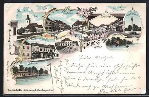 Lithographie Himberg b. Wien, Geschäft von R. Rirsch, Stationsgebäude, Badeanstalt, Hauptstrasse und Kirche