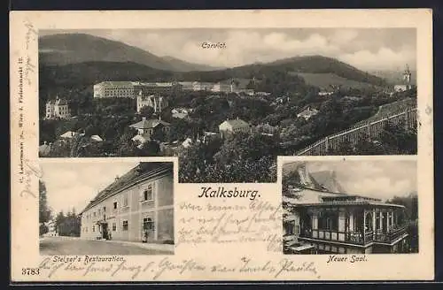 AK Wien-Kalksburg, Stelzers Restaurant, Neuer Saal, Ortsansicht aus der Vogelschau