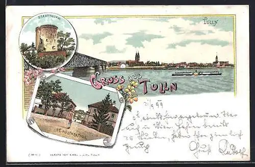 Lithographie Tulln, Stadtturm, St. Pöltnertor, Blick übers Wasser mit Dampfer