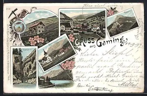 Lithographie Gaming /N.-Oe., Ötscher Schutzhaus, Thotmäuer, Lanzersee, Ortsansicht