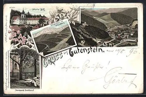 Lithographie Gutenstein, Maria Hilf, Klosterthal mit Schneeberg, Raimund Denkmal, Panorama