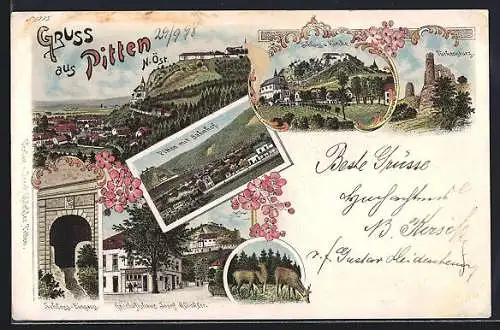 Lithographie Pitten, Blick über den Ort, Bahnhof, Geschäftshaus Josef Glöckler