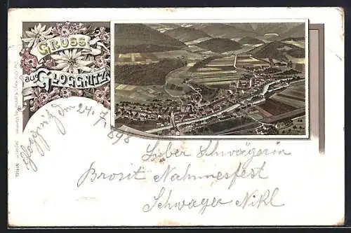 Lithographie Gloggnitz, Ortsansicht aus der Vogelschau, Edelweiss-Passepartout