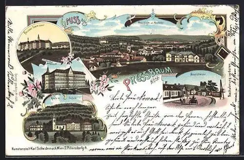 Lithographie Pressbaum, Pensionat Sacre Coeur, Hauptstrasse, Kirche und Schule