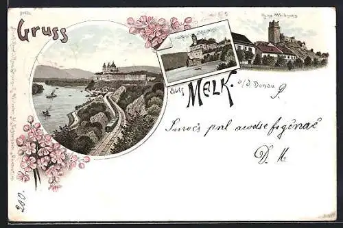 Lithographie Melk a. d. Donau, Schloss Schönbüchl, Ruine Weitenegg