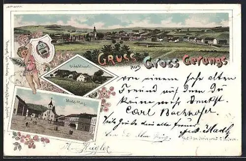 Lithographie Gross Gerungs, Oedschlössel, Marktplatz und Totalansicht