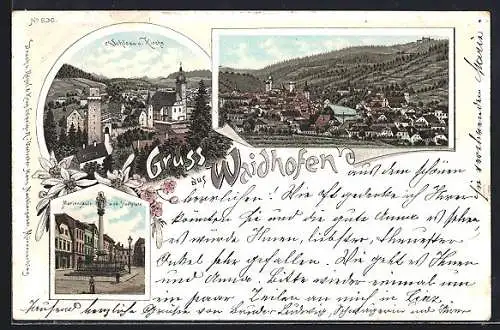 Lithographie Waidhofen, Mariensäule a. ob. Stadtplatz, Schloss und Kirche, Totalansicht