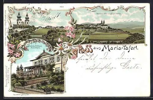 Lithographie Maria-Taferl, Nordansicht mit Alpenkette, Veranda A. Klaus, Teilansicht